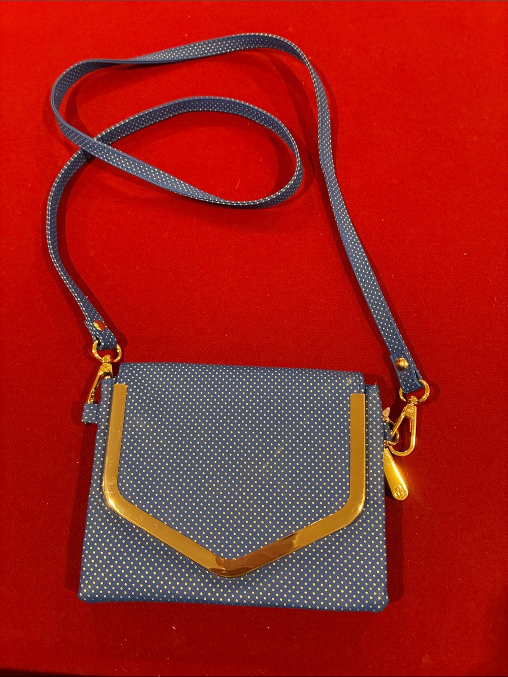Blue Polka Dot Crossbody Bag with Gold Accent